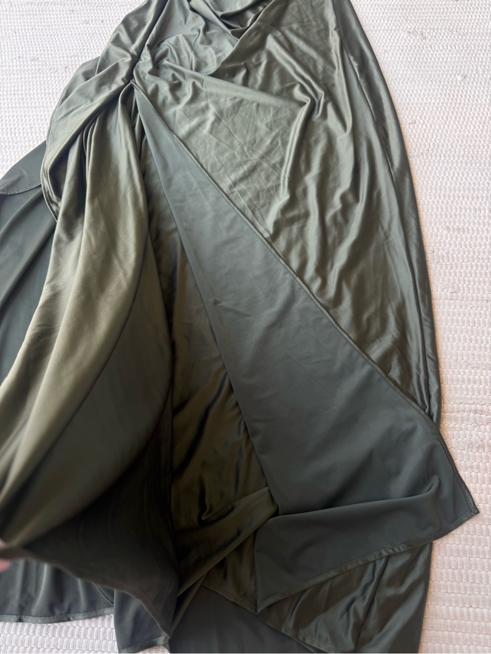 Olive Green One Shoulder Satin Maxi Dress High Slit Formal Evening XL M - Picture 4 of 16